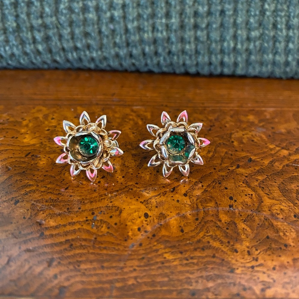 Elegant Vintage Green Crystal and Pink Enamel Floral Screw Back Earrings